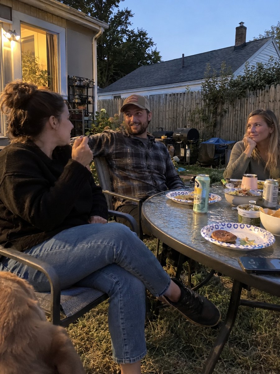 Three friends at a patio table at dusk, in Original