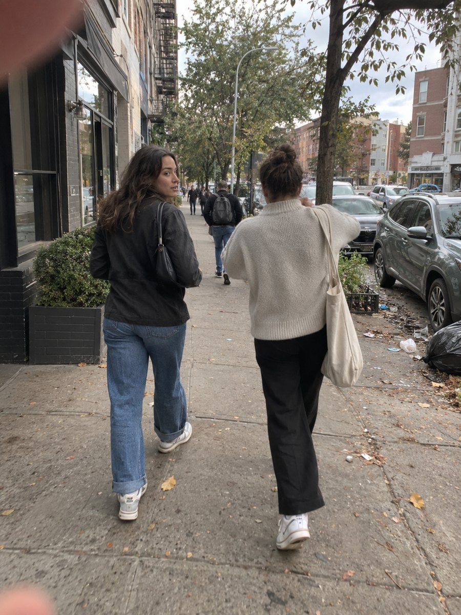 Two friends walking down a city sidewalk, in Original
