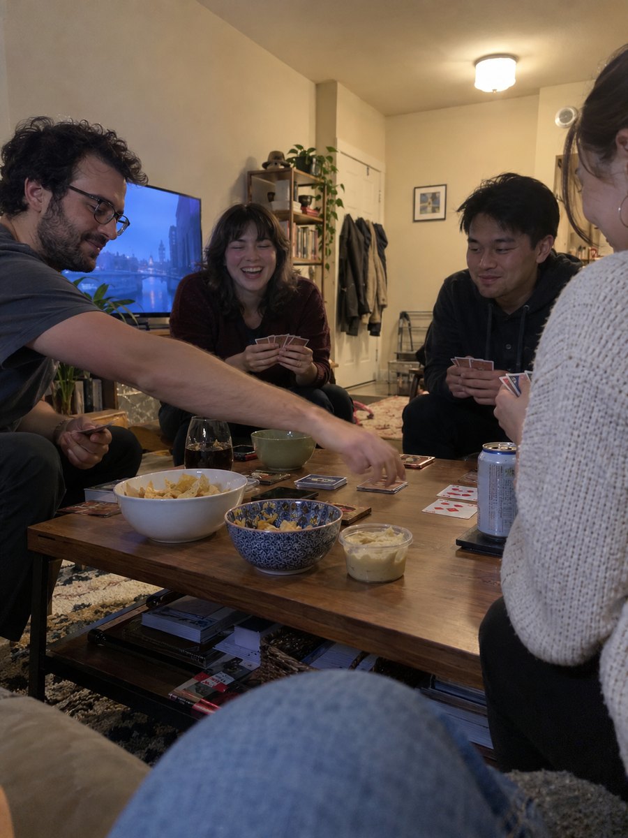 Friends playing cards around a coffee table, in Original